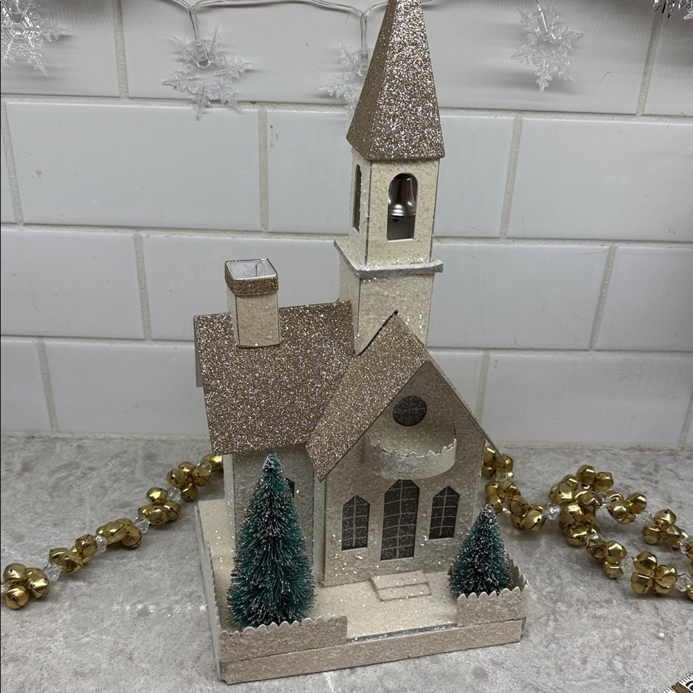 Large Putz House Glittering Holiday Church Decoration 7”x7”x13”